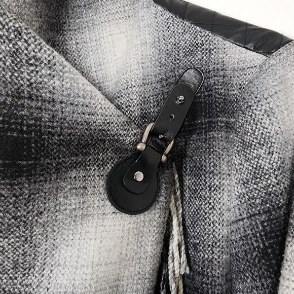 Tasha Polizzi Fringe Wrap Coat Western Ranch Plaid Wool Elbow Patches Size Small - Picture 10 of 11